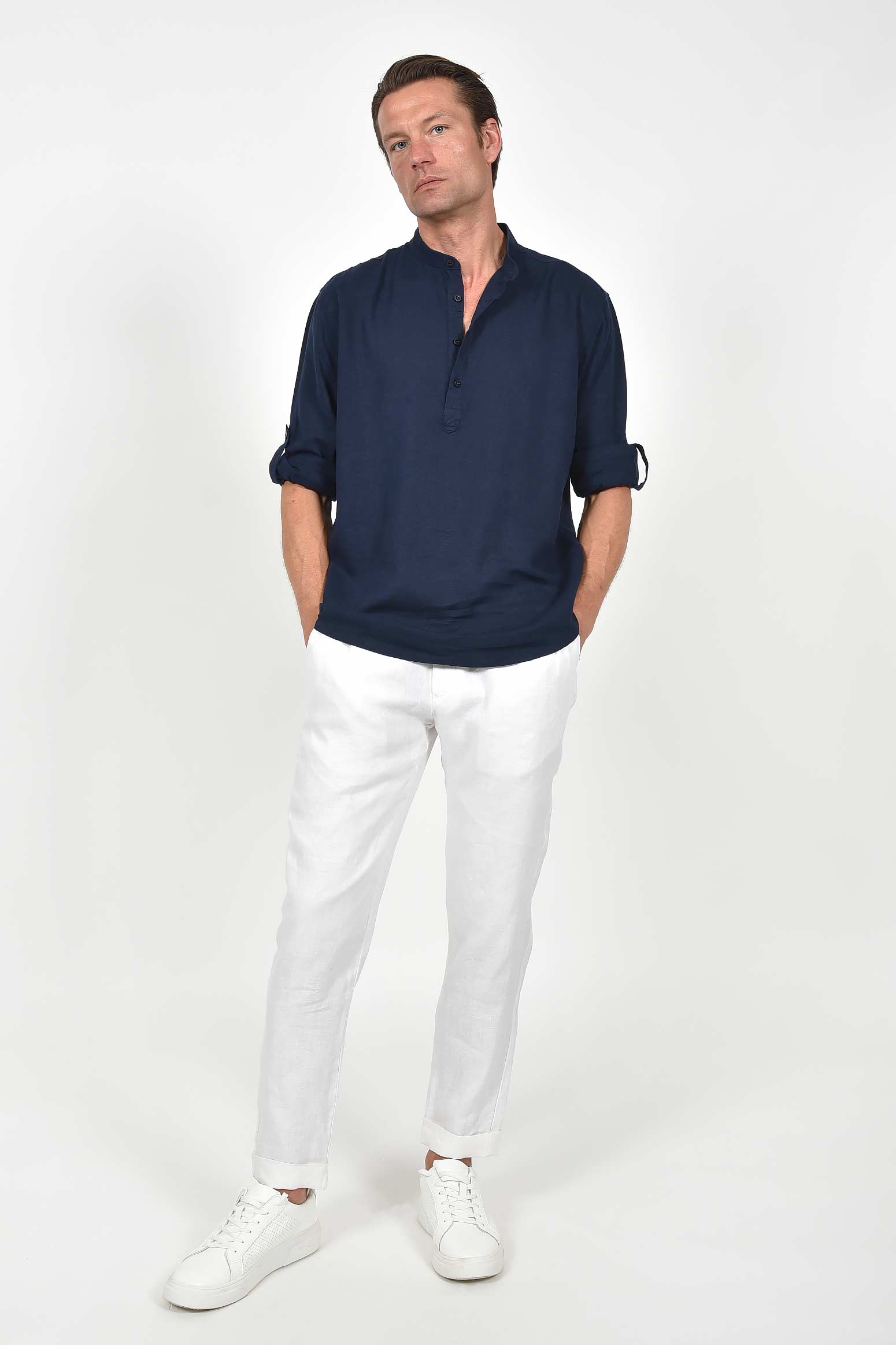 ανδρικό-μαο-half-button-πουκάμισο-mixed-linen